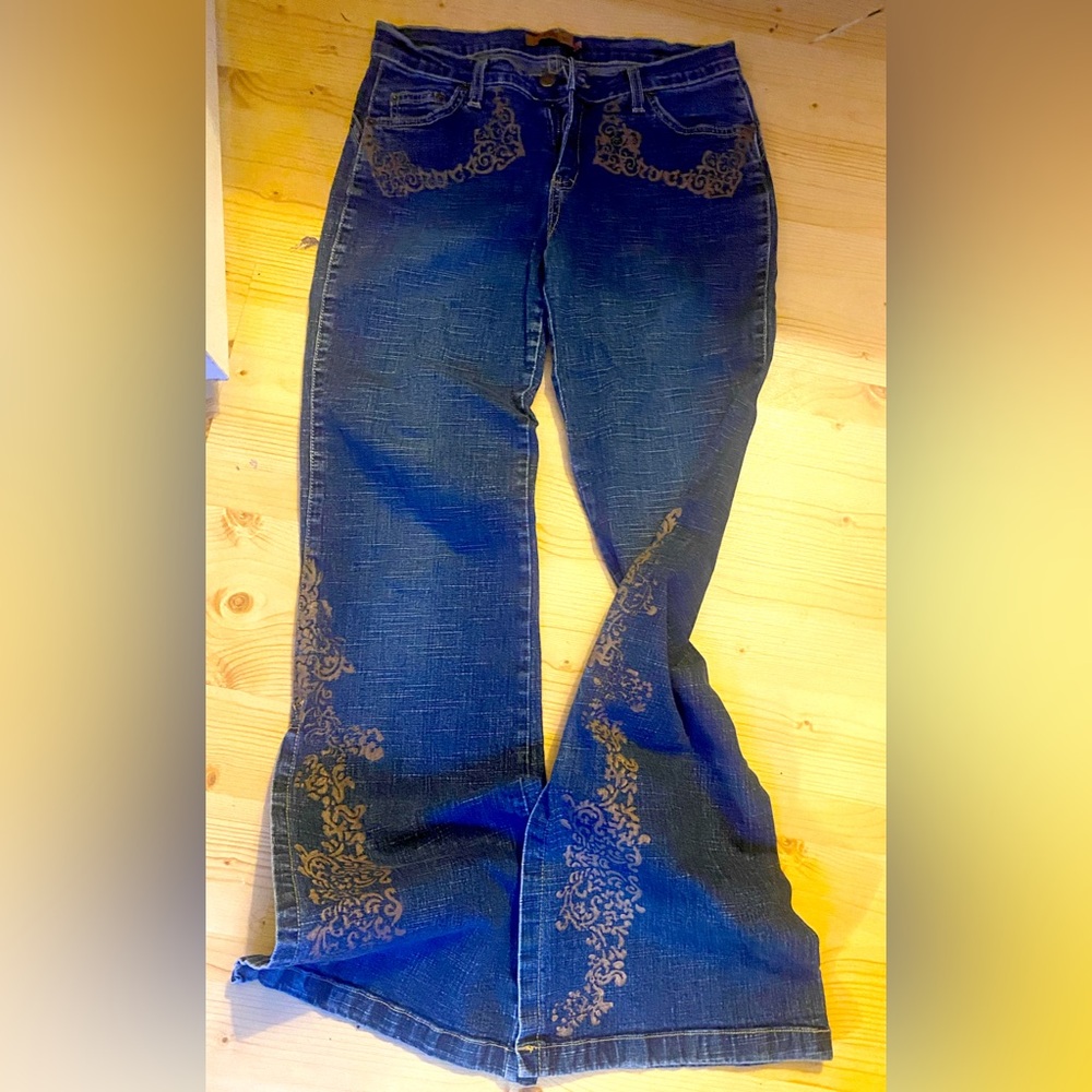 Arden B Y2K split and flare leg jeans with gold design